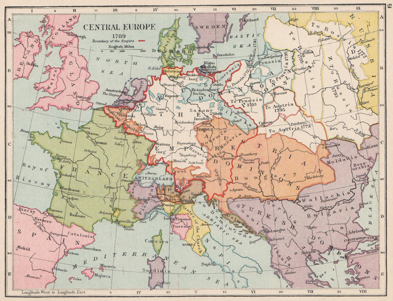 EUROPE IN 1789. Holy Roman Empire. Division of Poland 1907 old antique map